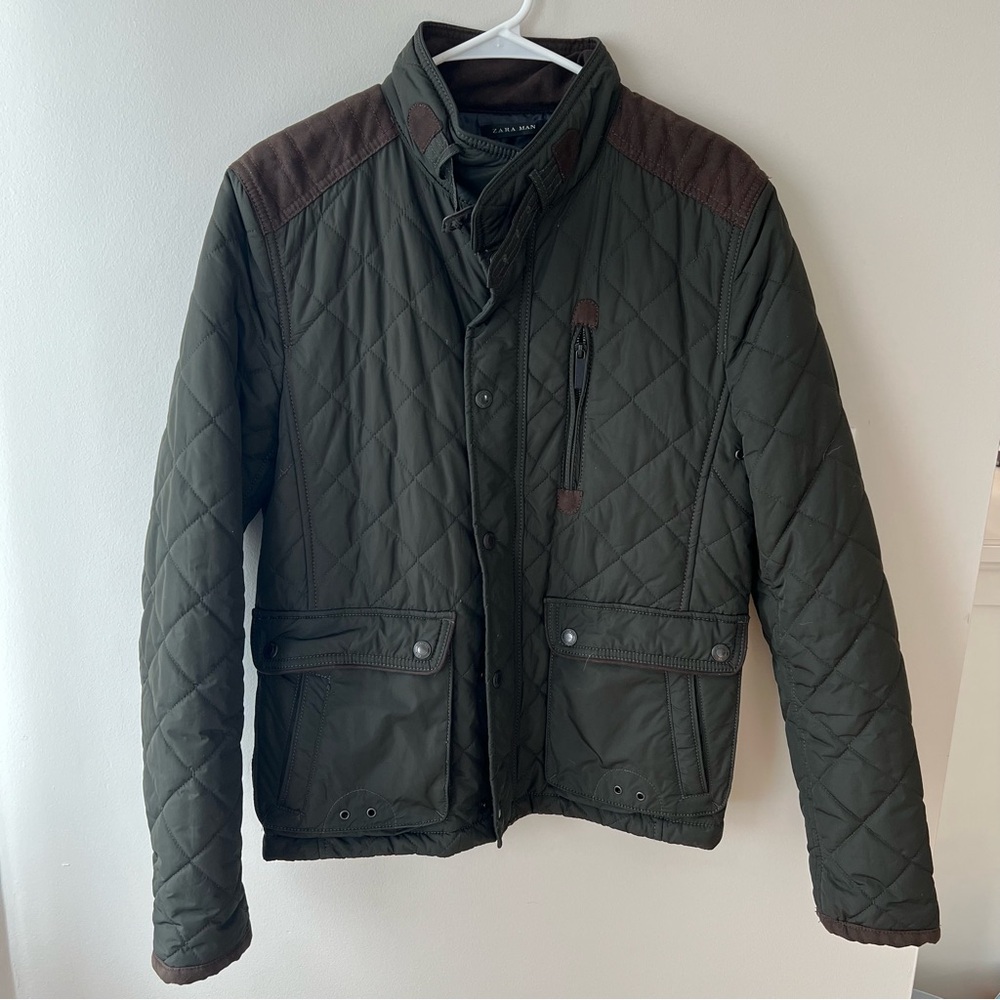 Zara Olive Green Quilted Jacket with Brown Accents